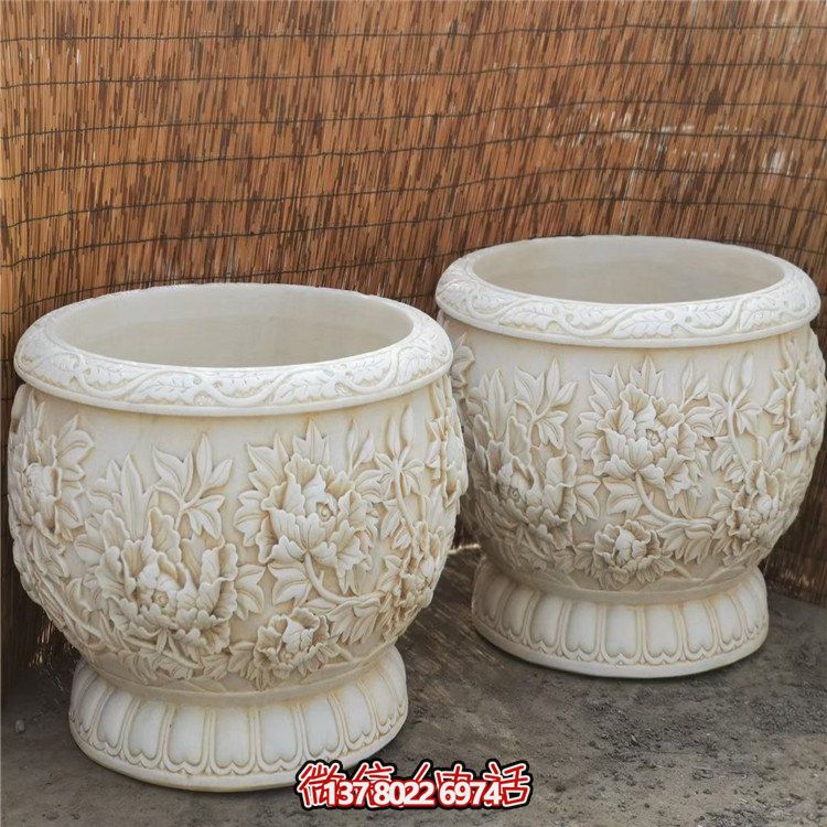 漢白玉浮雕荷花養(yǎng)魚缸，精美庭院裝飾戶外中式花盆