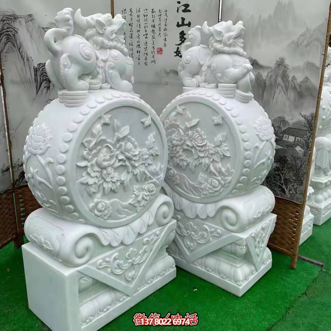 天然優(yōu)質(zhì)漢白玉浮雕麒麟抱鼓石，裝點(diǎn)你的庭院門口