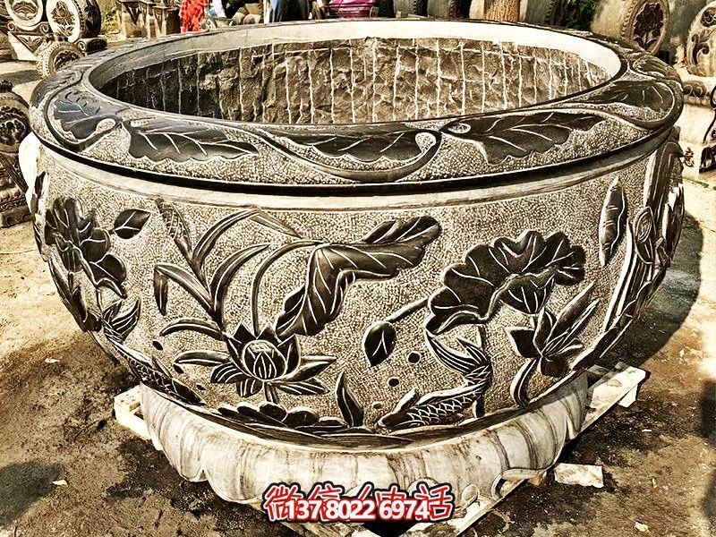 精美大理石浮雕蓮花缸，現(xiàn)代庭院裝飾雕塑