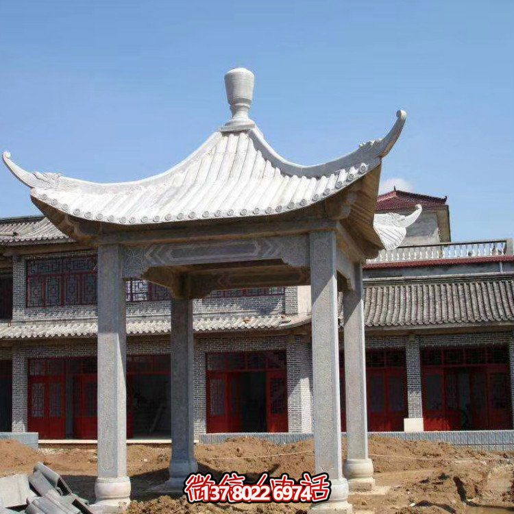 古雅紅晚霞，別墅園林石涼亭石雕長廊