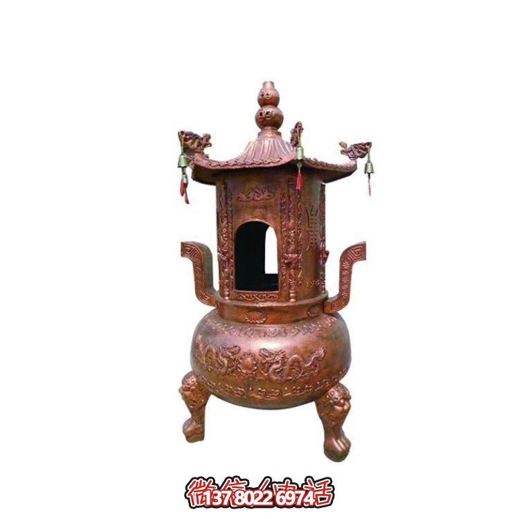 純銅香爐四柱舍利塔，裝飾寺院舍利