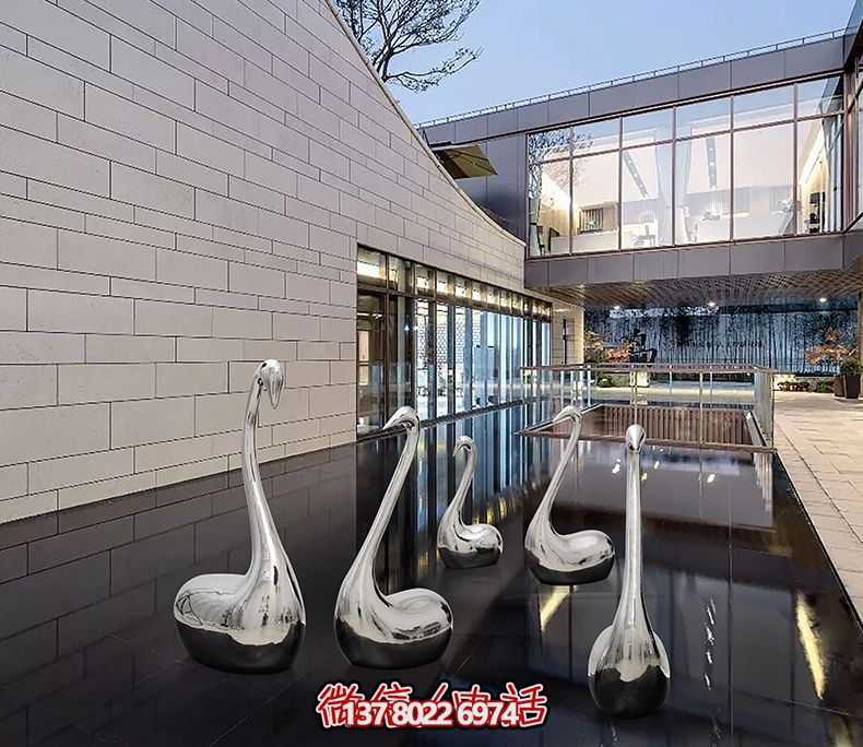 不銹鋼創(chuàng)意天鵝雕塑，鏡面水中裝飾別墅