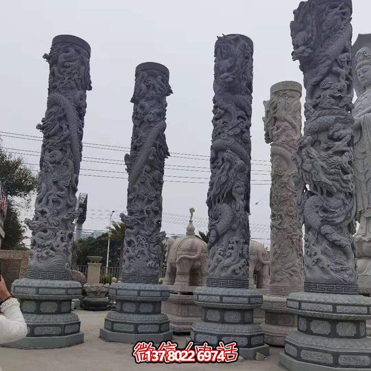 青石浮雕龍柱，精美石雕園林景觀裝飾