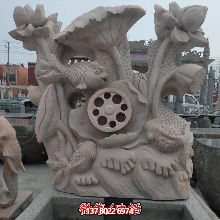 紅晚霞石雕園林景區(qū)浮雕荷花魚噴泉