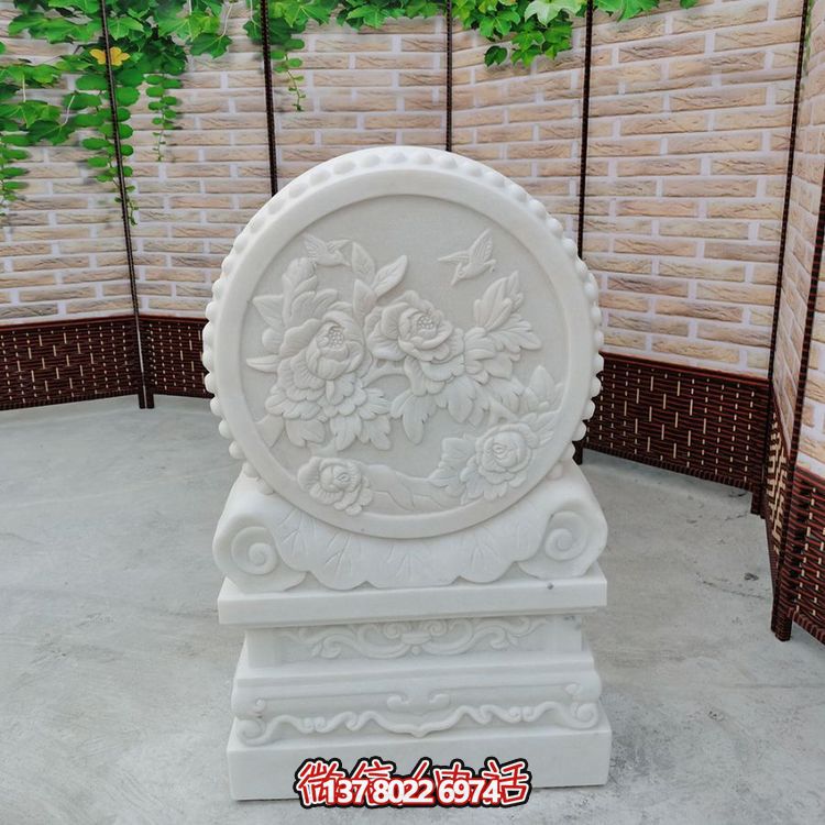中式風(fēng)格天然漢白玉石雕抱鼓浮雕門(mén)墩，花開(kāi)富貴