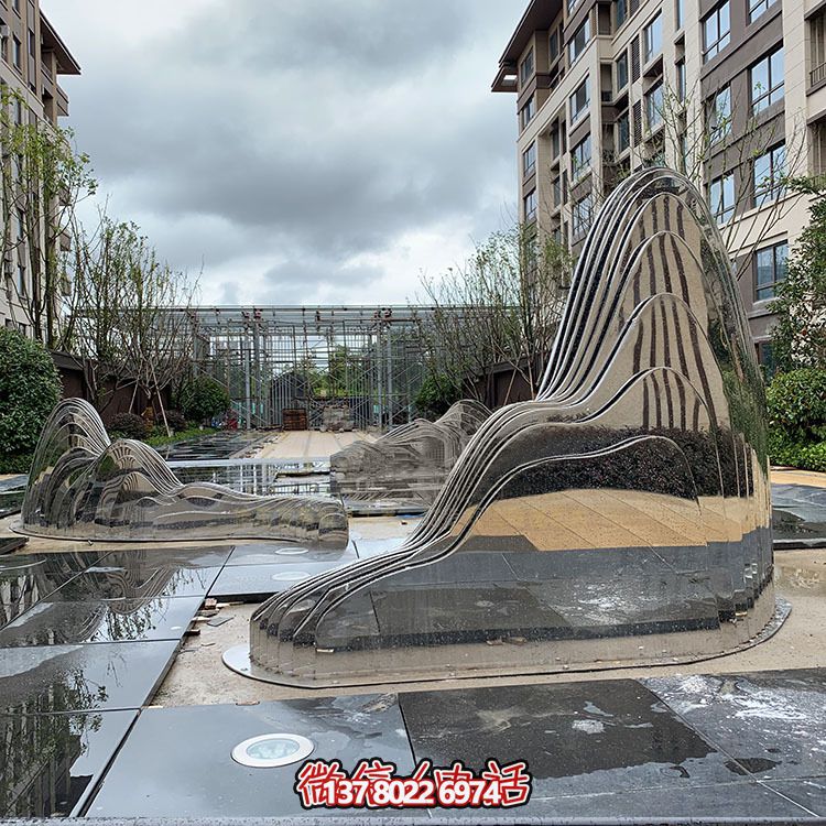 假山雕塑+不銹鋼噴泉，完美結(jié)合抽象鏡面美學(xué)