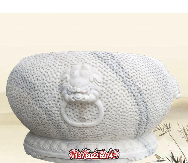 精美狴犴圓形雕塑，點(diǎn)綴庭院水缸浮雕