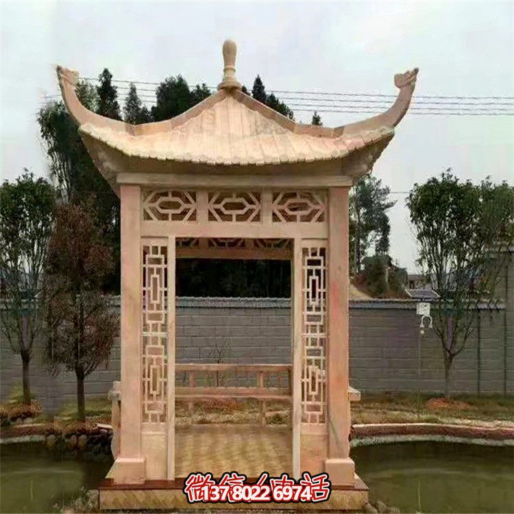 紅石雕鏤涼亭，晚霞中空中創(chuàng)意雕塑