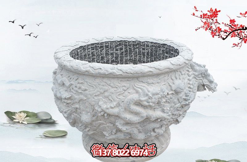 漢白玉石雕龍浮雕水缸雕塑，為庭院增添優(yōu)雅氣息