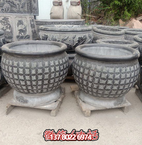 自然美學(xué)結(jié)合青石石雕、浮雕、編織、雕塑的戶外園林魚缸