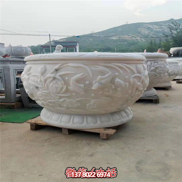 古典經(jīng)典，漢白玉鯉魚(yú)雕刻圓形水缸