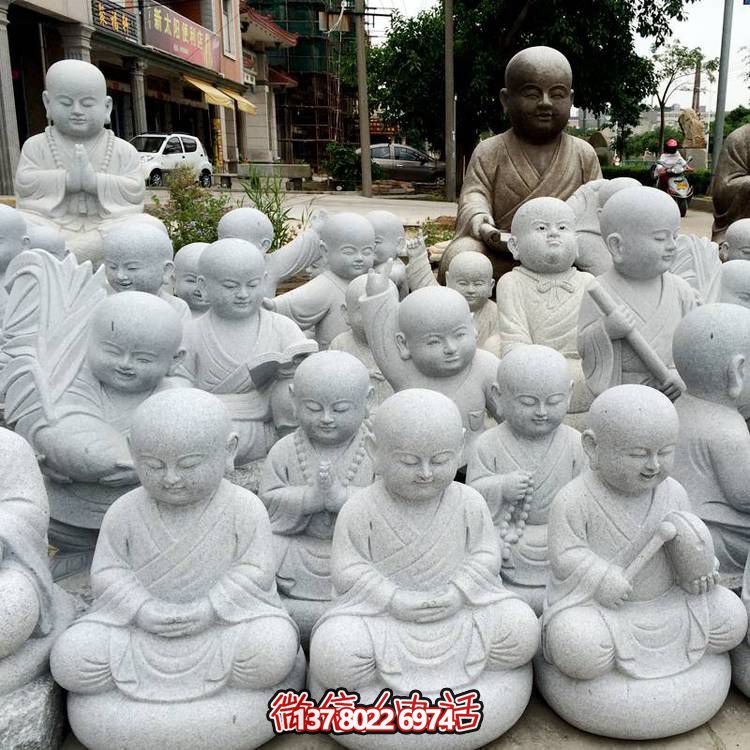 天然砂巖雕刻小沙彌擺件，美麗景致精美寺院家居裝飾