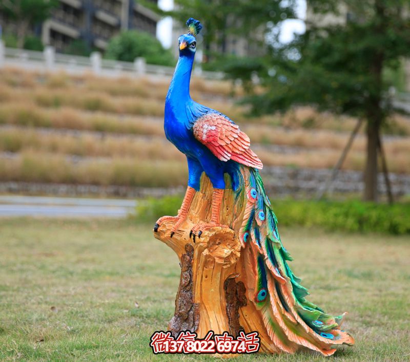 彩繪孔雀玻璃鋼雕塑，為公園街道擺放添彩