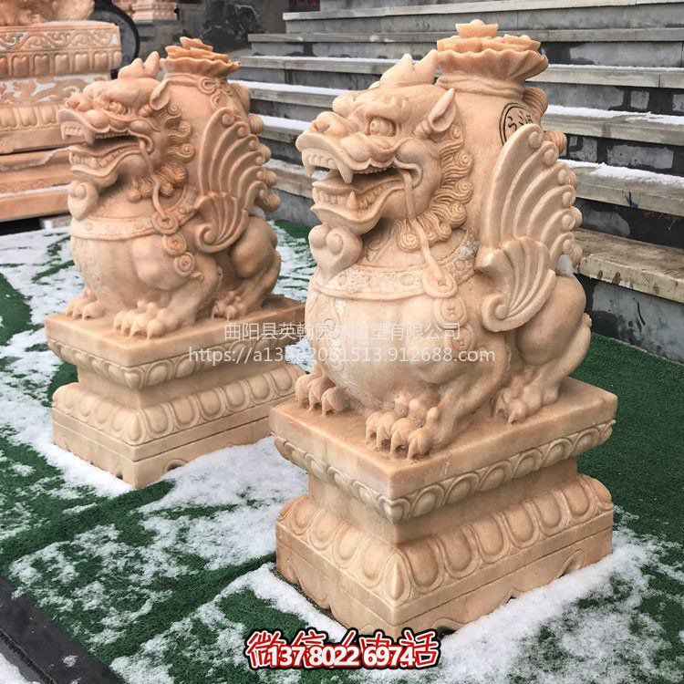 晚霞紅石雕門(mén)墩抱鼓石門(mén)口庭院貔貅雕塑