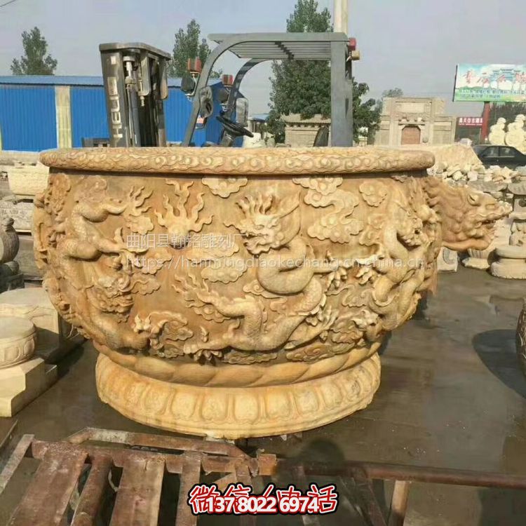 石雕花盆漢白玉九龍壁庭院戶外老石槽流水魚(yú)缸仿古養(yǎng)魚(yú)池龍缸雕塑