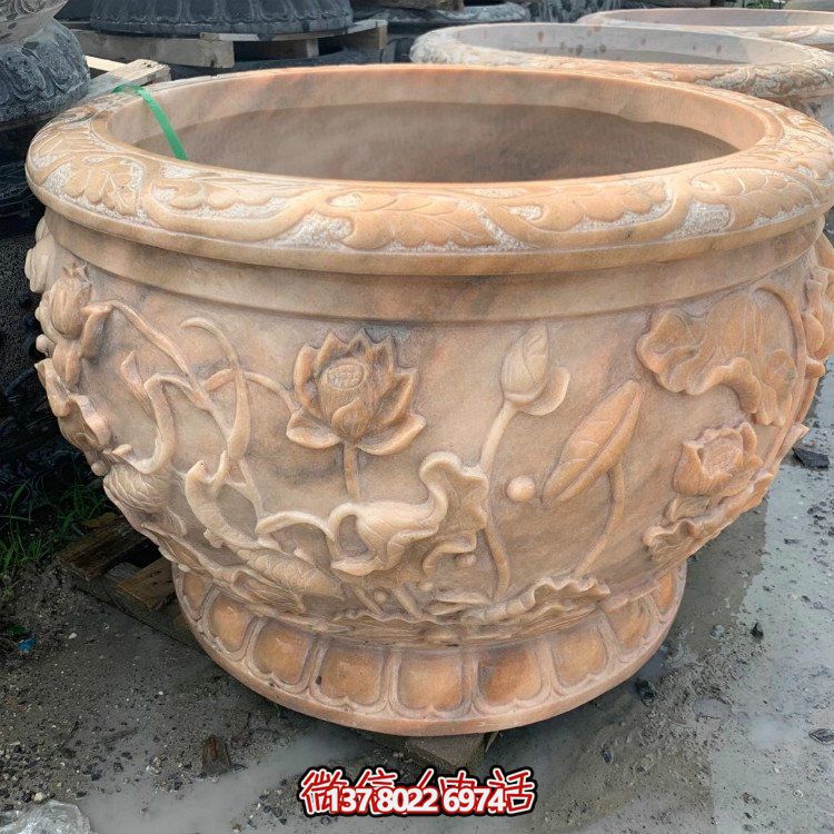 天然石材晚霞紅浮雕荷花鯉魚(yú)圓形水缸庭院擺件