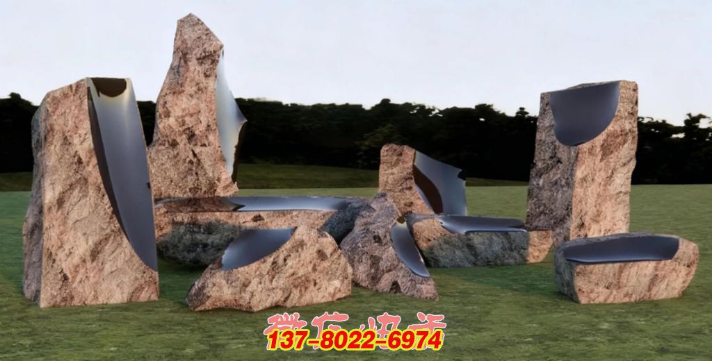 《石語(yǔ)?鏡界》石雕與鏡面不銹鋼結(jié)合景觀雕塑